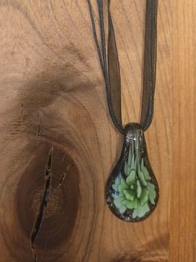 Handmade Glass Teardrop Pendant with Green Floral Core